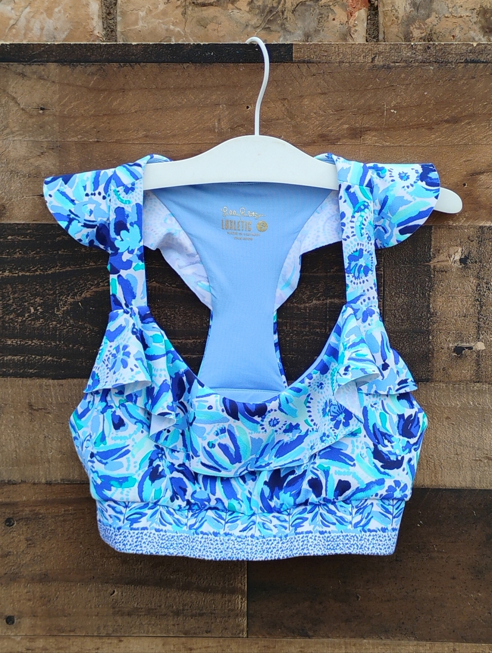 Lilly Pulitzer Luxletic Blue Ruffle Sports Bra Crop Top S